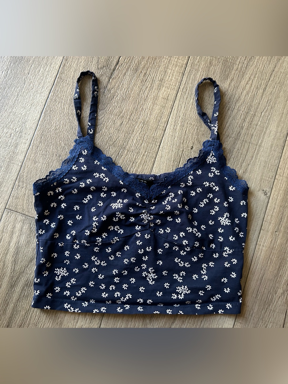 SHEIN Navy Floral Lace-Trim Cami crop Top